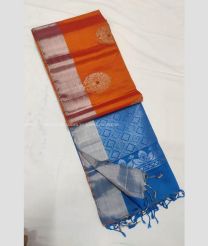 Orange and Lite Blue color soft silk kanchipuram sarees with all over buties design -KASS0001021