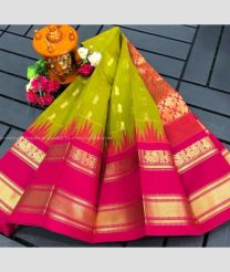 Mehendi Green and Pink color Chenderi silk handloom saree with all over buties with temple kuppadam border design -CNDP0016094