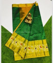 Pine Green and Acid Green color Kollam Pattu handloom saree with all over laksha buties with kanchi peacock border design -KOLP0001546