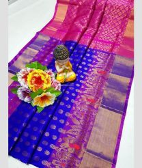 Royal Blue and Pink color uppada pattu handloom saree with all over buties with anchulatha and kaddy border design -UPDP0021057