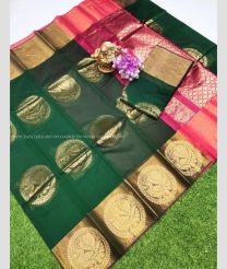Pine Green and Pink color Chenderi silk handloom saree with all over big peacock buties saree design -CNDP0012172