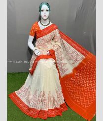 Half White and Orange color pochampally Ikkat cotton handloom saree with special marthas patterns design -PIKT0000594