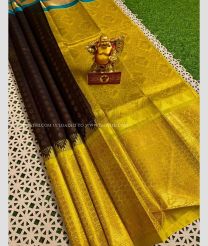 Chocolate and Golden Yellow color kuppadam pattu sarees with kanchi border design -KUPP0097213