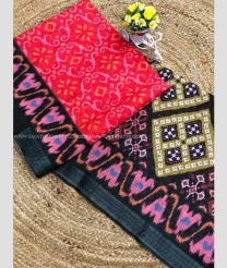 Black and Red color linen sarees with all over ikkat digital printed with silver jari weaving border design -LINS0003339