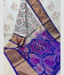 Half White and Blue color Ikkat sico handloom saree with pochampalli ikkat design -IKSS0000303