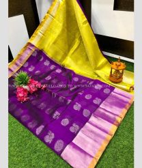 Purple and Acid Green color kuppadam pattu handloom saree with all over silver peacock buties saree design -KUPP0028038