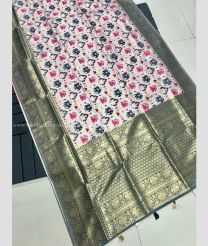 Cream and Blue Ivy color silk sarees with big boder and heavy mina zari weaving pallu design -SILK0017296
