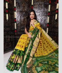 Yellow and Pine Green color Ikkat sico handloom saree with pochampalli ikkat design -IKSS0000431