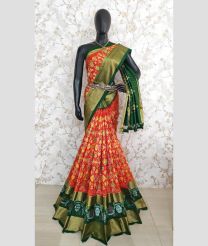 Orange and Pine Green color pochampally ikkat pure silk handloom saree with pochampally ikkat design -PIKP0036750
