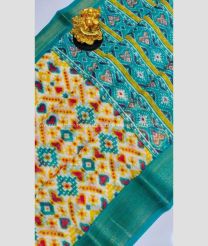 Cream and Teal color Chenderi silk handloom saree with all over pochampally design with kanchi border -CNDP0015800