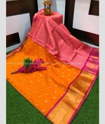 Orange and Pink color Chenderi silk handloom saree with all over butties saree design -CNDP0011827