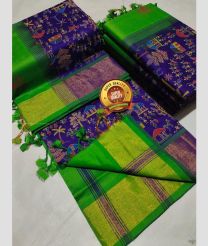 Purple Blue and Parrot Green color Tripura Silk handloom saree with kaddy border design -TRPP0008582