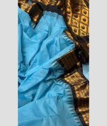 Sky Blue and Black color gadwal cotton handloom saree with plain with temple kuthu interlock weaving system border design -GAWT0000202