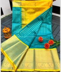 Turquoise and Yellow color kuppadam pattu handloom saree with kanchi kuppadam border design -KUPP0097147