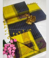 Yellow and Dark Navy Blue color Tripura Silk handloom saree with all over mahanati checks with pochampally border design -TRPP0008054