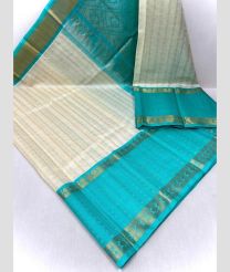 Half White and Blue Turquoise color kuppadam pattu handloom saree with all over jari checks and buties with kuppadam kanchi border design -KUPP0097083