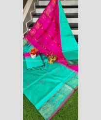 Blue Turquoise and Pink color Tripura Silk handloom saree with pochampally border design -TRPP0008551