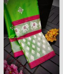 Parrot Green and Pink color Uppada Soft Silk handloom saree with all over printed with ikkat kaddi border design -UPSF0003720