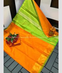 Orange and Parrot Green color Uppada Tissue handloom saree with plain with big border design -UPPI0001766