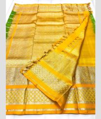 Parrot Green and Yellow color venkatagiri pattu handloom saree with all over check and buties design -VAGP0000867