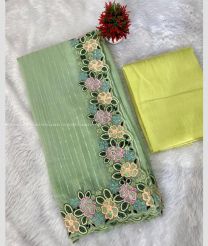 Fern Green and Acid Green color Georgette sarees with all over lining and moti stitch thread sequence embroidery and arca border design -GEOS0014706
