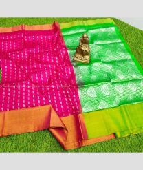 Pink and Parrot Green color Uppada Soft Silk handloom saree with all over hand buties design -UPSF0003610