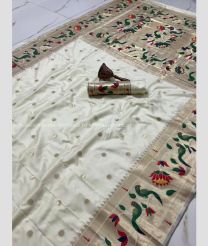 Half White color paithani sarees with flower design and muniya border -PTNS0005076