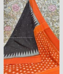 Black and Orange color pochampally Ikkat cotton handloom saree with printed design saree -PIKT0000302