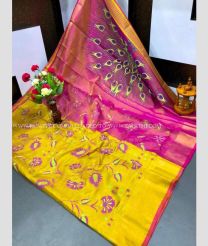 Yellow and Magenta color Uppada Tissue handloom saree with all over big buties design -UPPI0000430