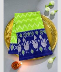Parrot Green and Blue color pochampally Ikkat cotton handloom saree with all over pochampally spl design -PIKT0000635
