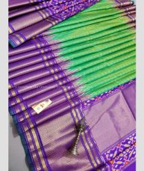 Green and Purple color pochampally ikkat pure silk handloom saree with handmade designer bone checks and ikkat handmade jaquard border -PIKP0021375
