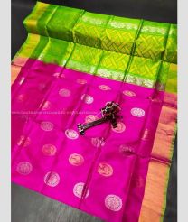 Neon Pink and Parrot Green color uppada pattu handloom saree with all over big silver and gold buties design -UPDP0020722