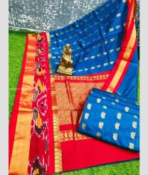 Blue and Pink color Chenderi silk handloom saree with all over buties with pochampally border design -CNDP0015923