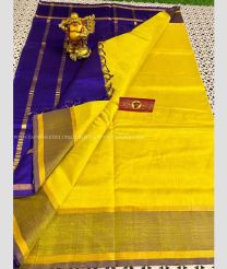 Navy Blue and Yellow color Kollam Pattu handloom saree with ikkat weaving border design -KOLP0000996