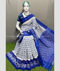Half White and Blue color pochampally Ikkat cotton handloom saree with pochampalli ikkat design saree -PIKT0000385