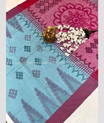 Sky Blue and Maroon color linen sarees with all over pochamally design -LINS0003109
