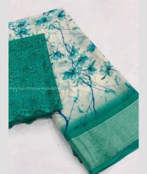 Half White and Aqua Blue color Chiffon sarees with floral print design -CHIF0000084