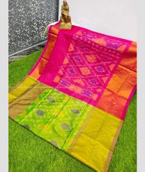 Green and Pink color Uppada Soft Silk handloom saree with all over pochampally with big border design -UPSF0003386