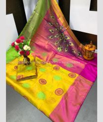 Yellow and Pink color Uppada Tissue handloom saree with all over buties printed design -UPPI0001327
