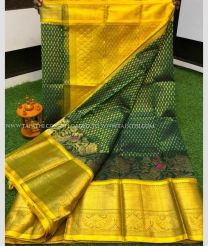 Mustard Yellow and Pine Green color kuppadam pattu handloom saree with all over buties with kanchi border saree design -KUPP0025947