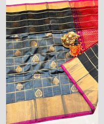 Grey and Red color Kollam Pattu handloom saree with all over checks and buties with kaddi border design -KOLP0001611