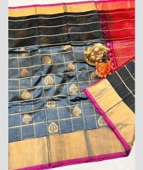 Grey and Red color Kollam Pattu handloom saree with all over checks and buties with kaddi border design -KOLP0001611