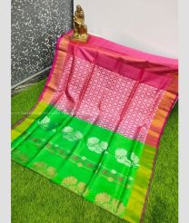 Parrot Green and Coral Pink color Uppada Tissue handloom saree with all over buties design -UPPI0001586