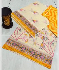 Cream and Mango Yellow color Uppada Cotton handloom saree with all over printed design -UPAT0004696