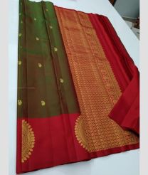 Olive and Red color kanchi pattu handloom saree with all over buties design -KANP0013721