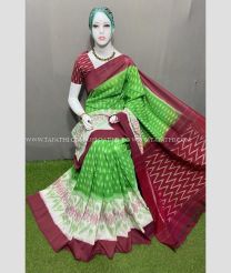 Parrot Green and Maroon color pochampally Ikkat cotton handloom saree with pochampalli ikkat design saree -PIKT0000368
