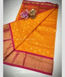 Orange and Copper color Chenderi silk handloom saree with all over checks and buties with design border -CNDP0013029
