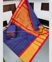 Navy Blue and Red color Chenderi silk handloom saree with all over checks design -CNDP0014488