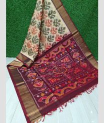 Cream and Maroon color Ikkat sico handloom saree with all over ikkat design -IKSS0000348