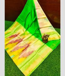 Lemon Yellow and Parrot Green color Uppada Soft Silk handloom saree with all over plain and checks and pochampally border design -UPSF0002720